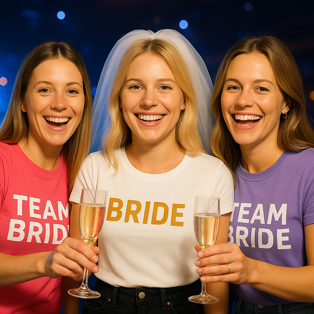 junggesellinnenabschied-bedrucktes-tshirt-hannover Vorfreude auf die Hochzeit: Braut mit blondem Haar genießt mit Freundinnen einen feuchtfröhlichen Abend.